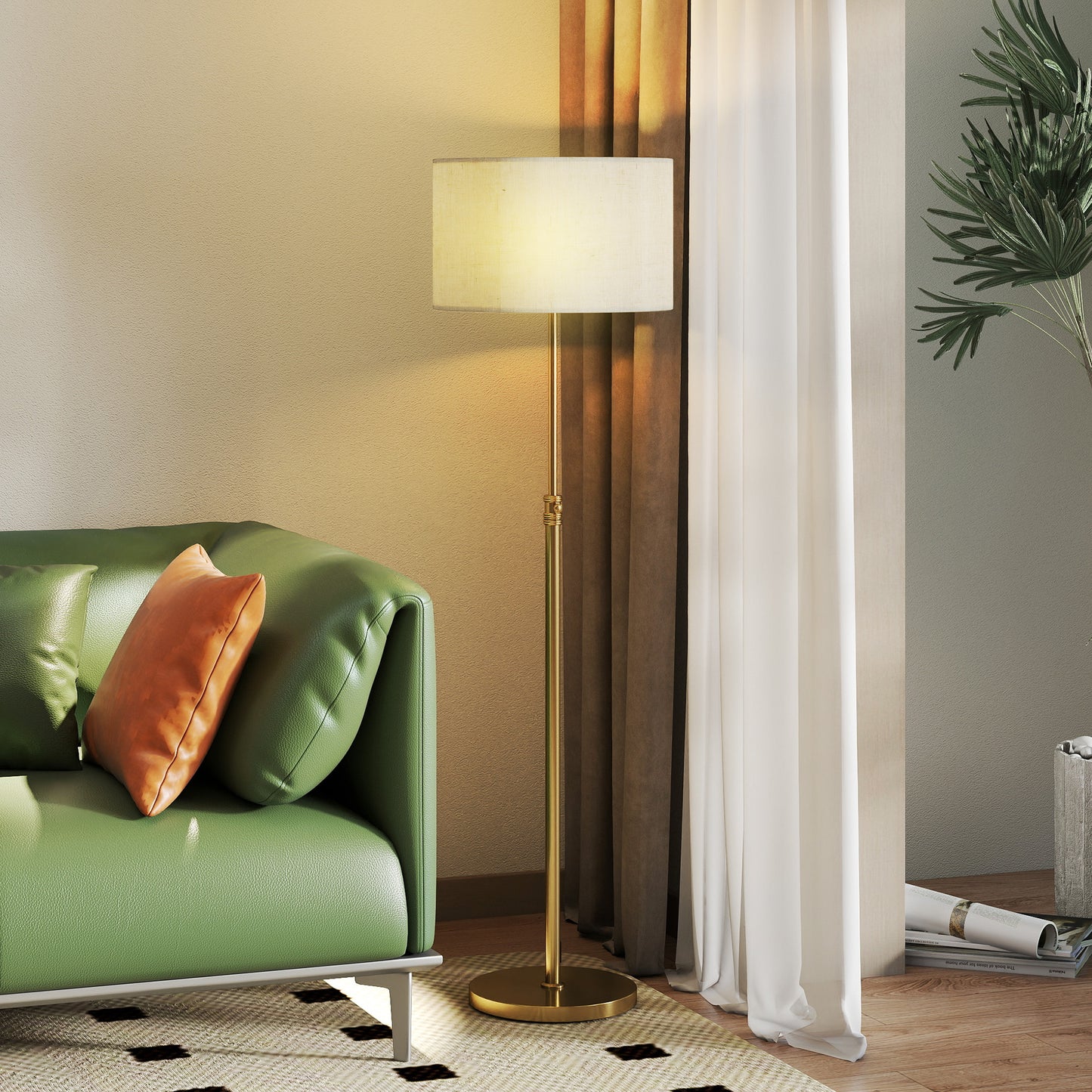 HOMCOM Floor Lamp with Remote, Height Adjustable Standing Lamp with Linen Shade, Dimmable with 3000K-6000K Adjustable Colour Temperatures, Foot Switch for Living Room Bedroom Office, Gold Tone