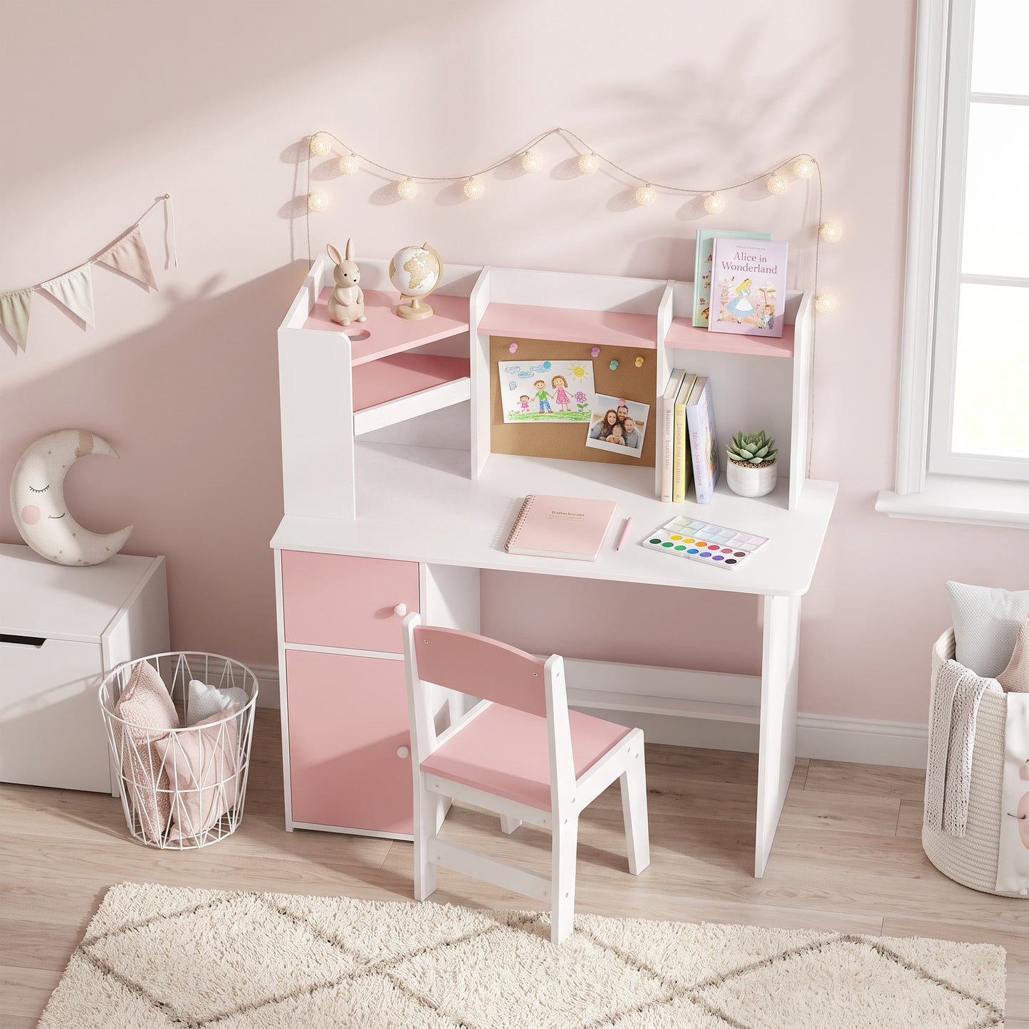 AIYAPLAY Kids Desk and Chair Set Storage Shelves Kids Desk Adjustable Tablet Stand Cork Board Pen Holder Pink