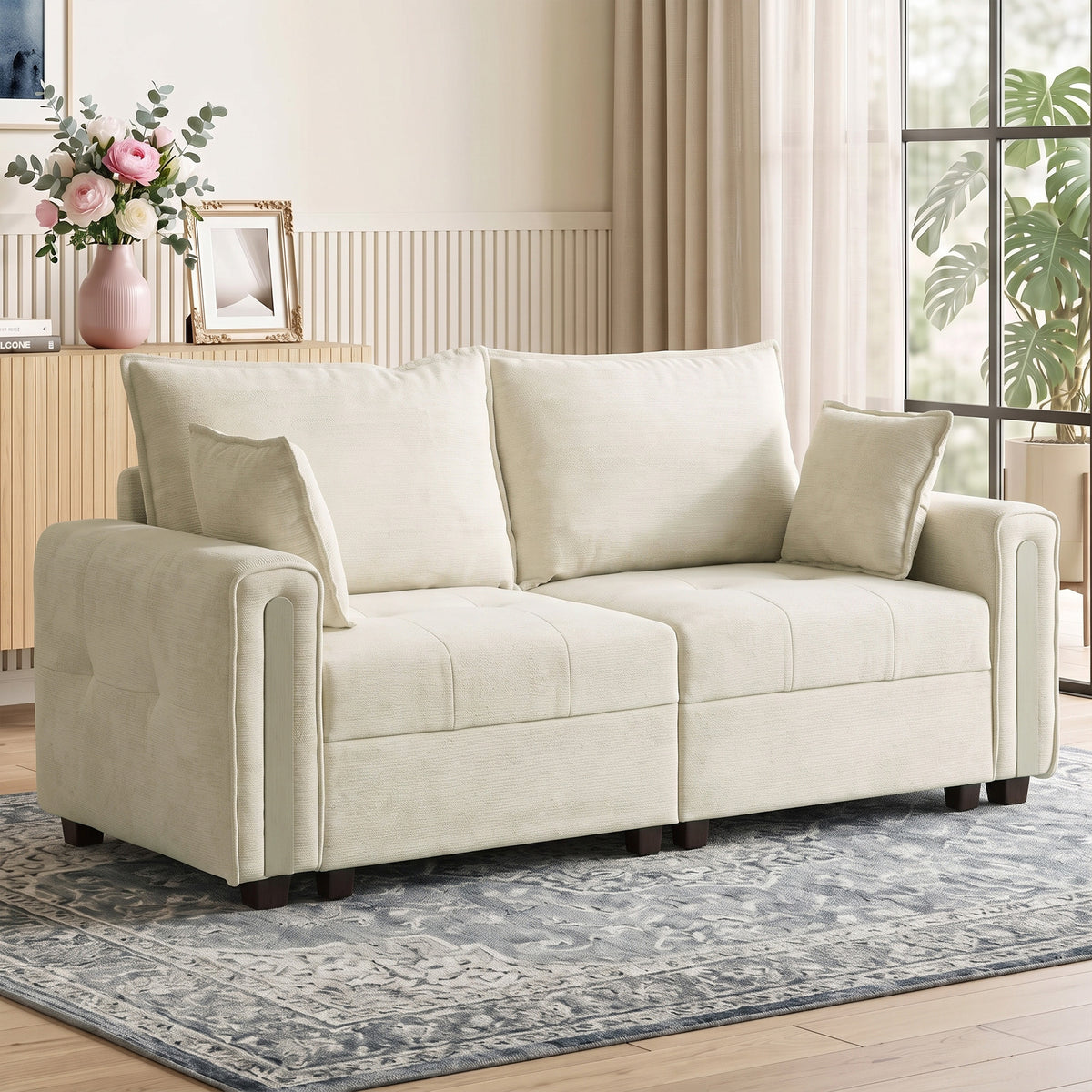 HOMCOM 2 Seater Sofa with Lift-Up Storage, 168 cm Comfy Velvet Small Couch with Wide Deep Seat, Plush Backrest, Thick Padding, 2 Pillows, Loveseat for Living Room, Home Office, Beige