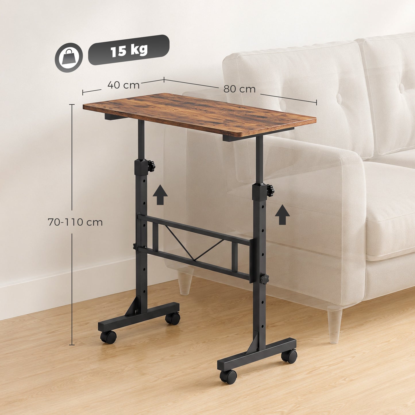 HOMCOM Overbed Table Adjustable Height Sofa Side Table with Wheels 80 x 40 cm Rustic Brown Black