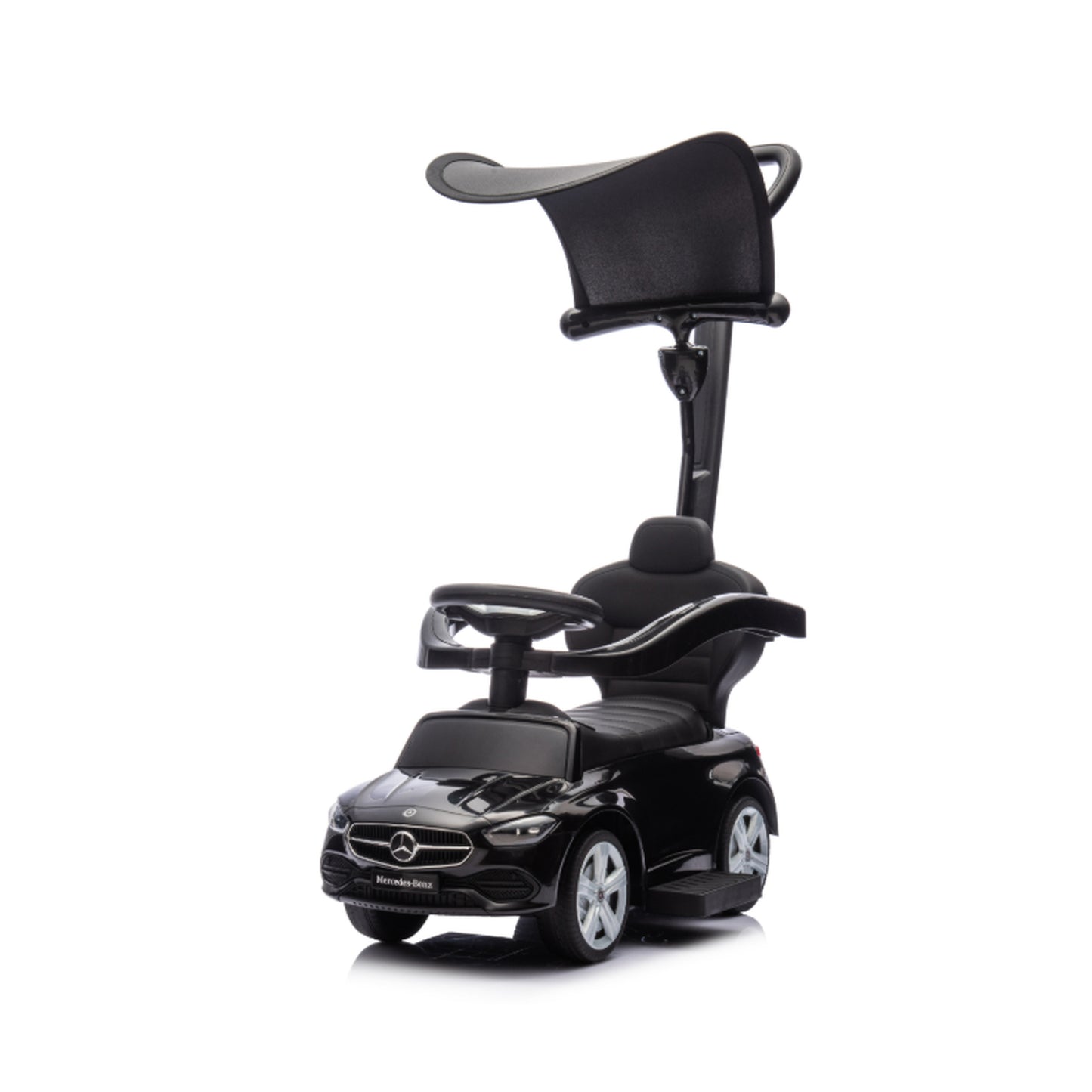 AIYAPLAY 3 in 1 Licensed Benz Ride on Push Car with Handle, Canopy, Guardrails, Horn, Music, Storage for 12-36 Months, Black