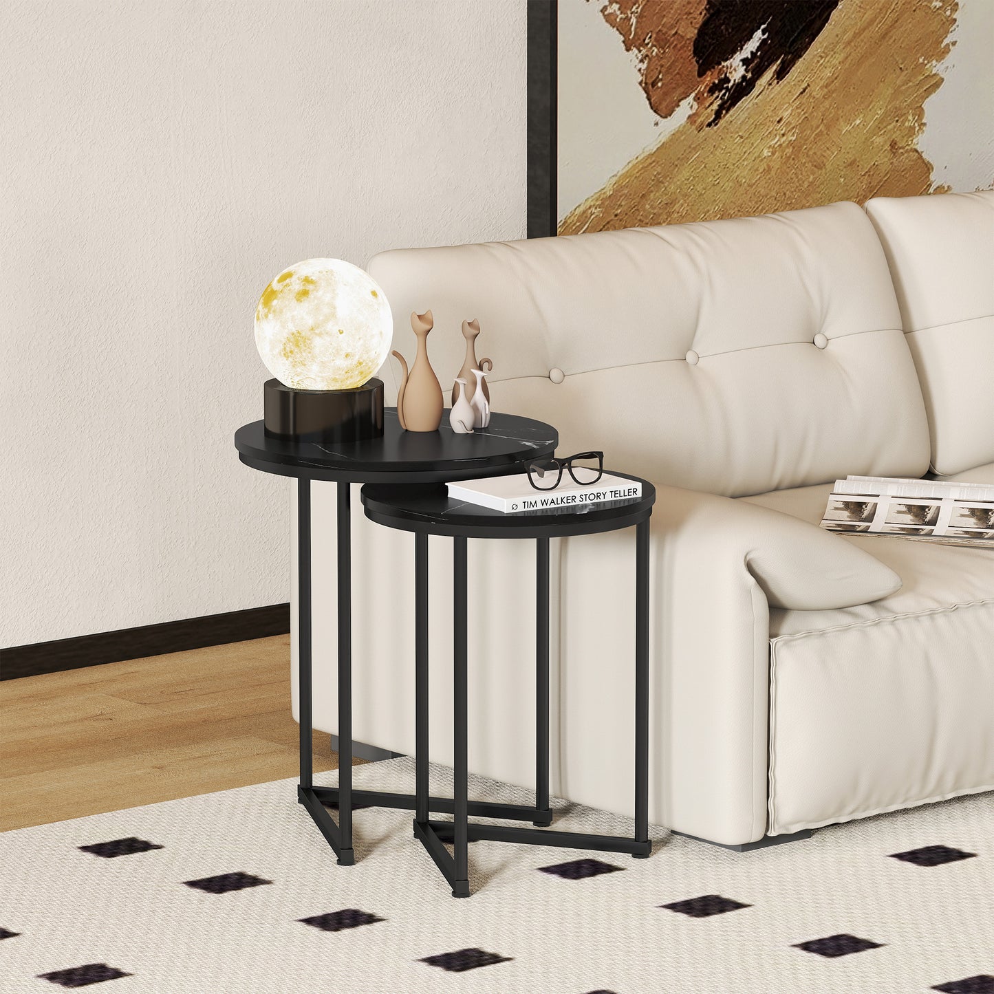 HOMCOM Set of Two Marble-Effect Nest of Tables - Black Marble Effect