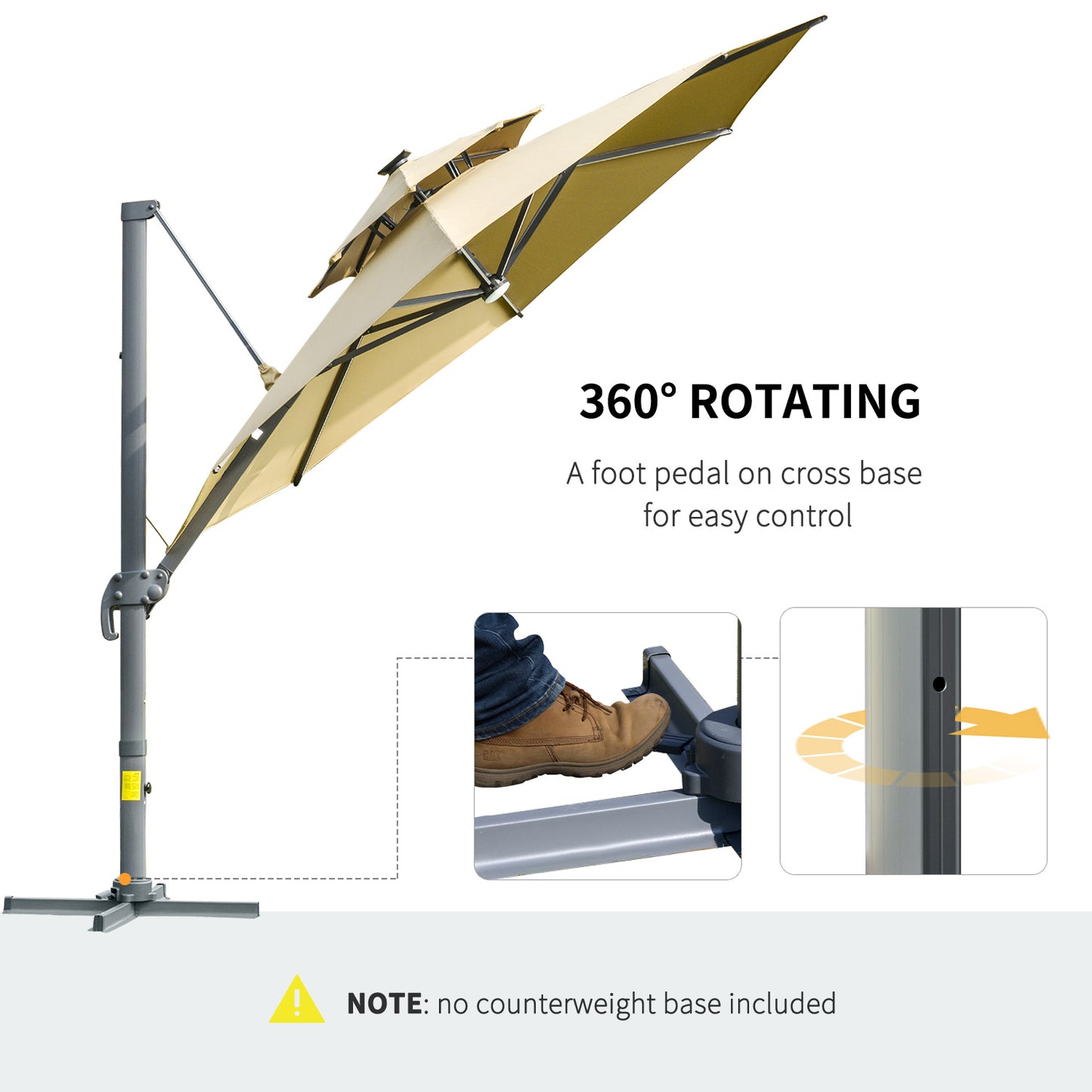 Outsunny 3m Cantilever Parasol w/ Solar Lights Power Bank Base 360Â° Spin Khaki
