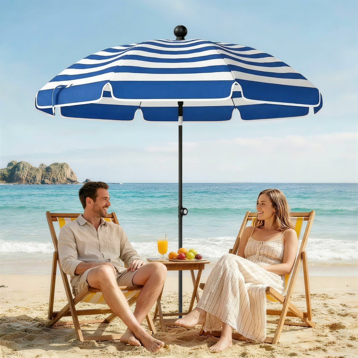 Outsunny 1.8 m Beach Umbrella Parasol with Sand Anchor, Portable 30Â° Tilting Patio Sun Shade with Adjustable Height, Blue/White