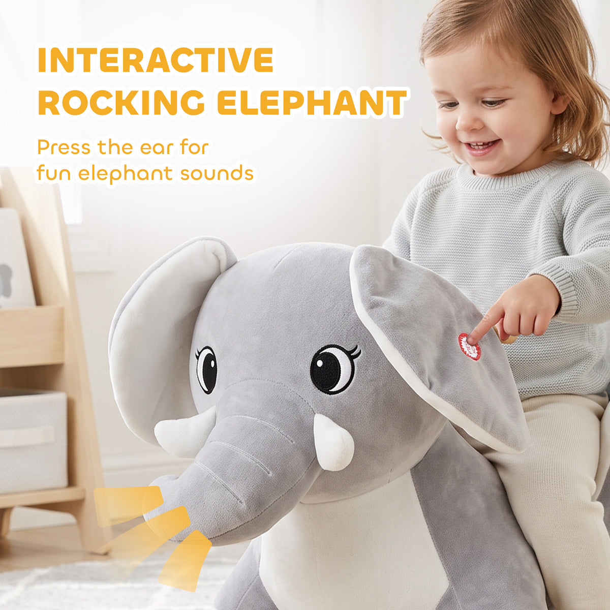 AIYAPLAY Elephant Rocking Horse, Plush Ride on Horse with Animal Sounds, Security Belt, Rocking Stopper for 18-36 Months, Grey