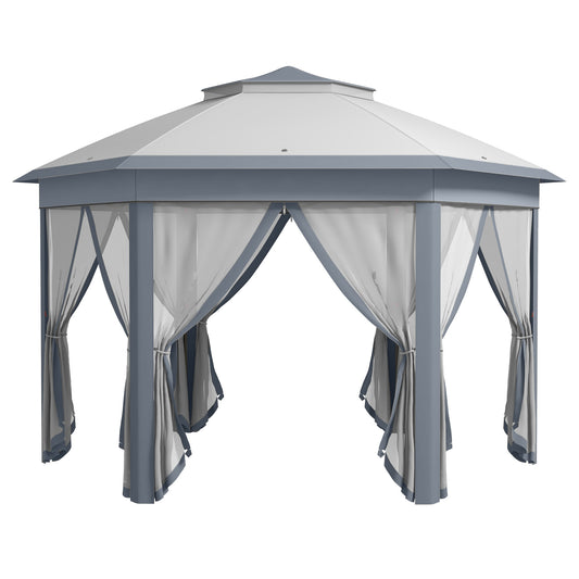 Outsunny 3 x 4m Metal Frame Hexagon Gazebo with UV-resistance Roof and Mesh Curtains - Grey