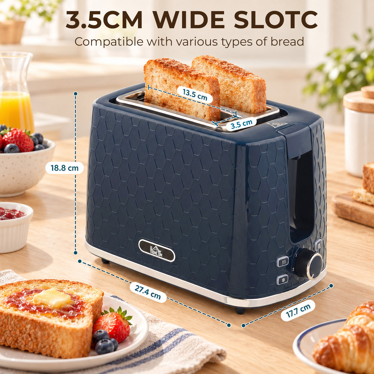 HOMCOM Kettle and Toaster Set, 1.7L 3000W Rapid Boil Jug Kettle with Limescale Filter, 2 Slice Toaster, Blue