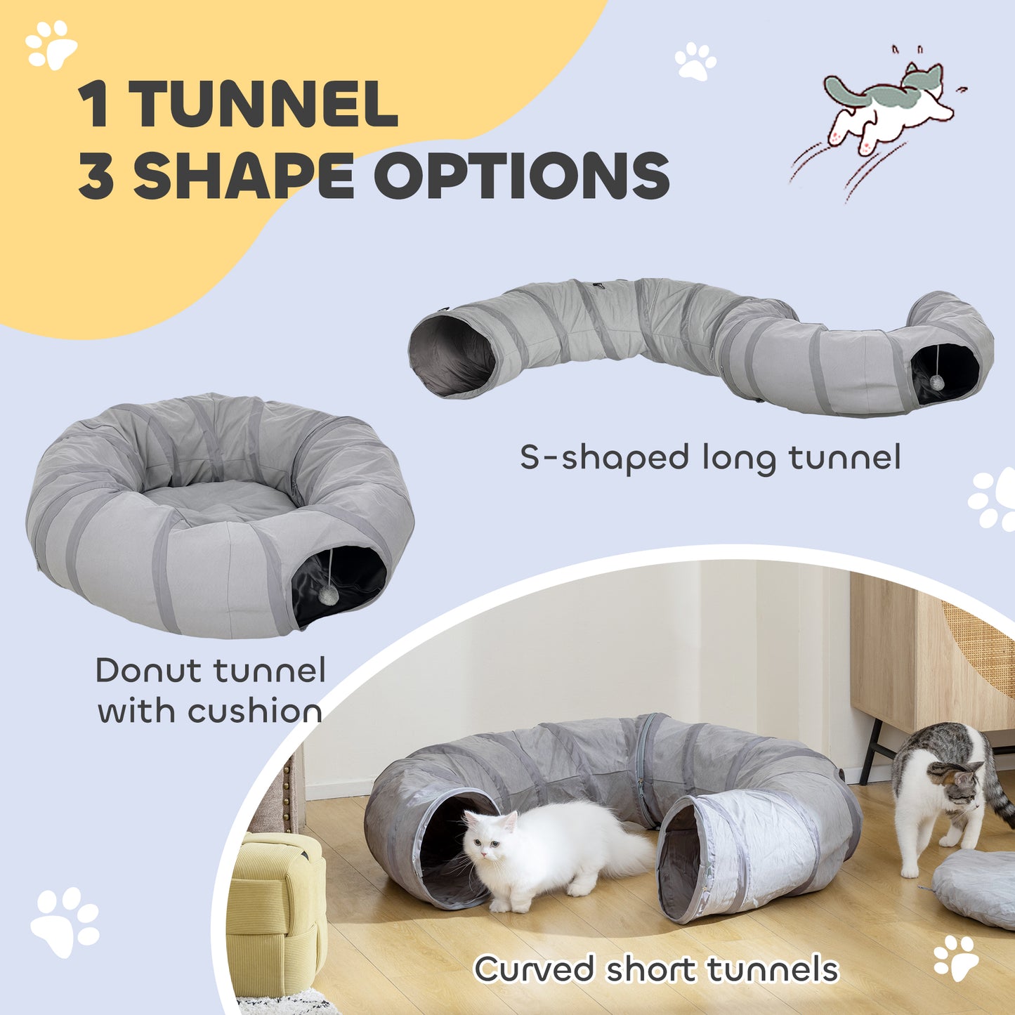 PawHut 2 in 1 Cat Tunnel with Bed, Cat Play Tunnel with Ball & Peek Hole for Indoor Cats, Grey