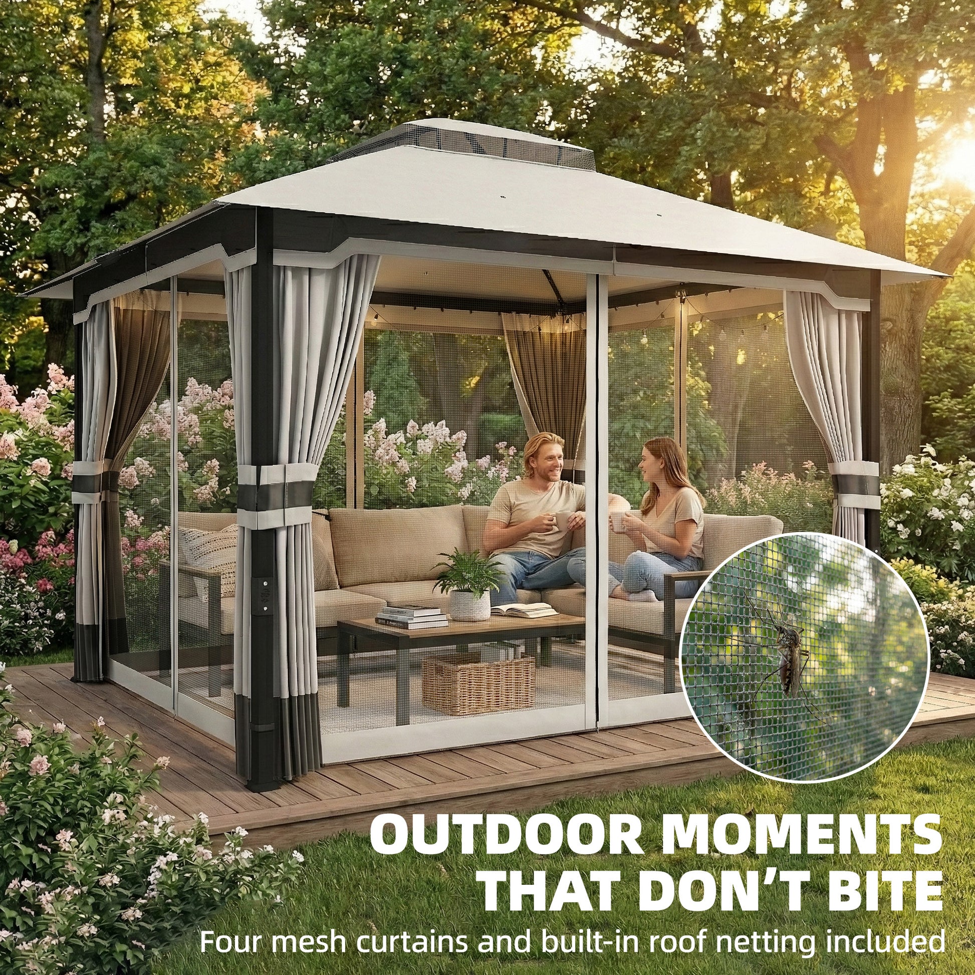 Outsunny 3 x 3.6 m Outdoor Garden Gazebo with Netting and Curtains, DoubleÂ Roof Patio Gazebo Permanent Pavilion, Light Grey