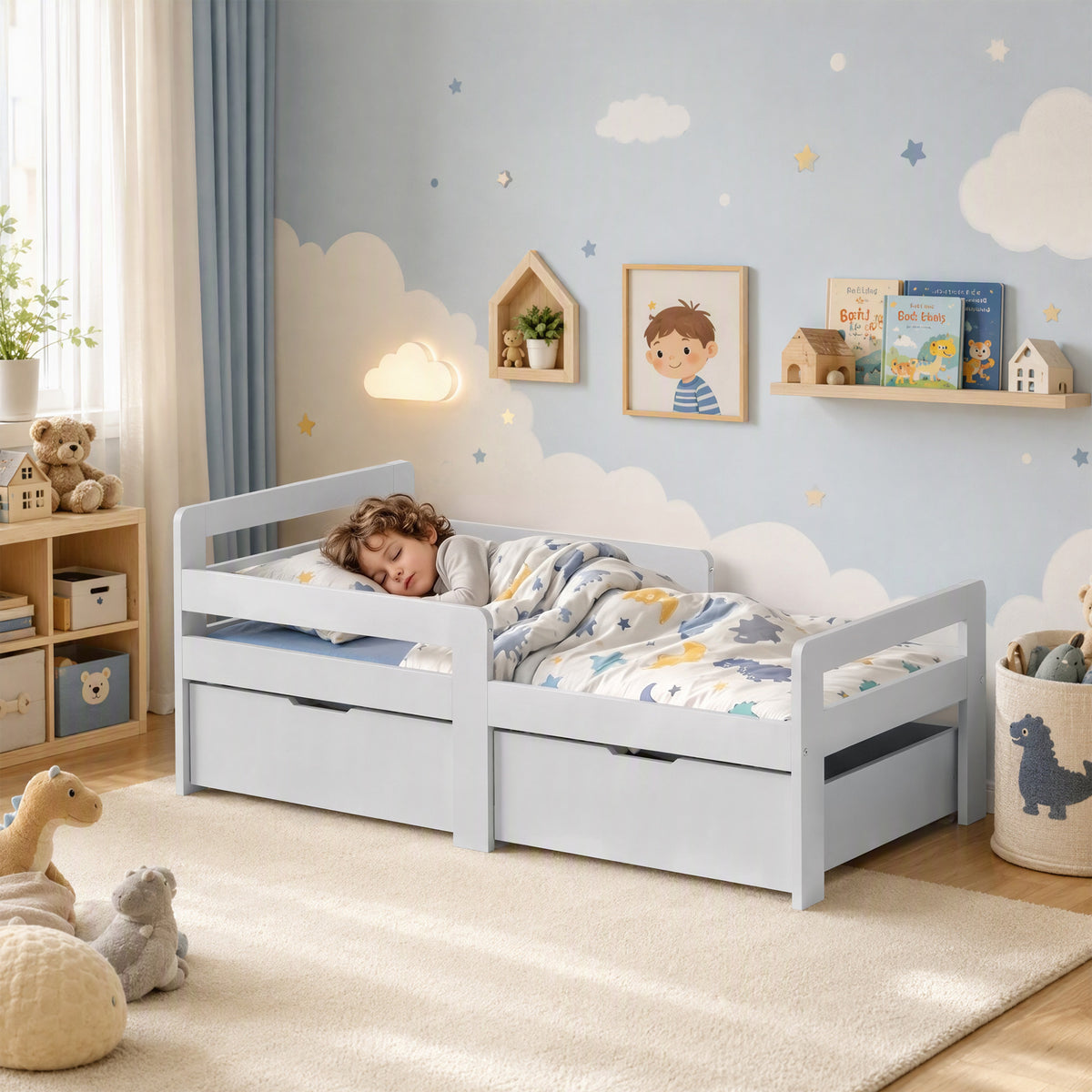 AIYAPLAY Wooden Kids Bed Frame with 2 Storage Drawers and Guard Rails for Ages 4-14, 144 x 76 x 57 cm (No Mattress), Grey