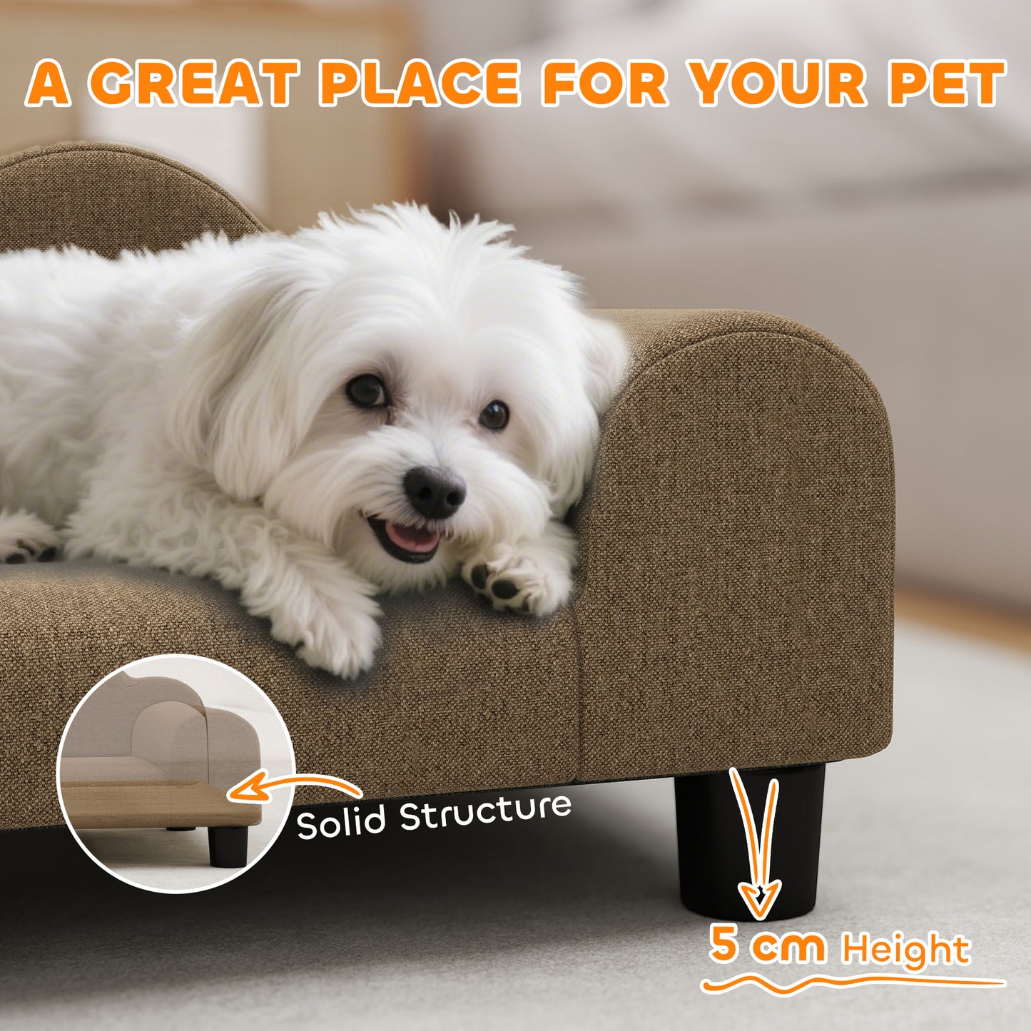 PawHut Elevated Dog Sofa Bed, Breathable Pet Sofa with Backrest and Armrest for Small Dogs, Brown