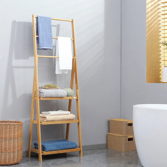 kleankin Freestanding Natural Bamboo Towel Rack with 3 Towel Rails and 3 Storage Shelves, Space-Saving Foldable Towel Holder for Bathroom - LiamsBargains.co.uk