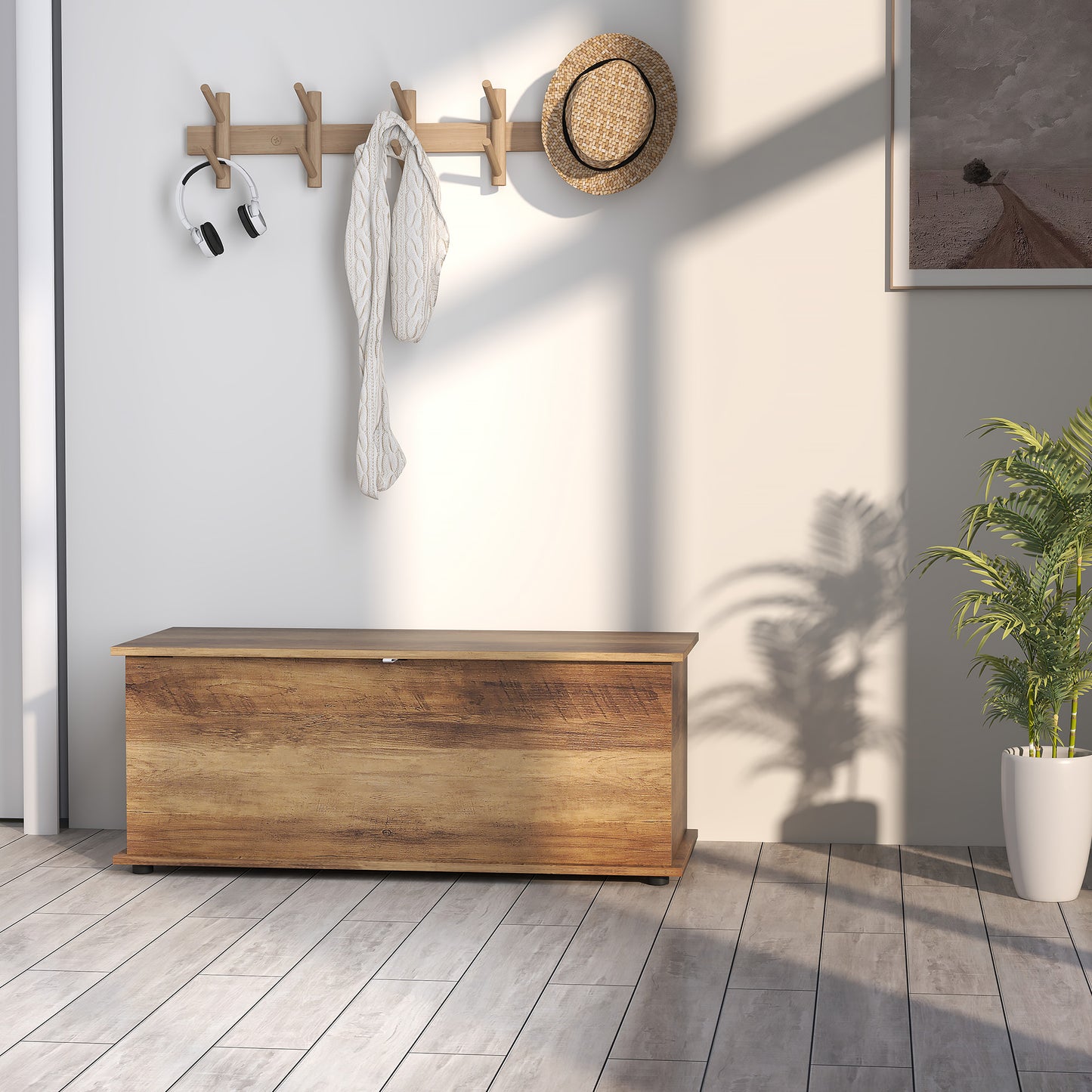 HOMCOM 113L Storage Chest, Storage Box with Flip-Top Lid and 2 Safety Hinges, Storage Trunk for Living Room, Entryway, 100 x 40 x 40 cm, Brown Wood Grain