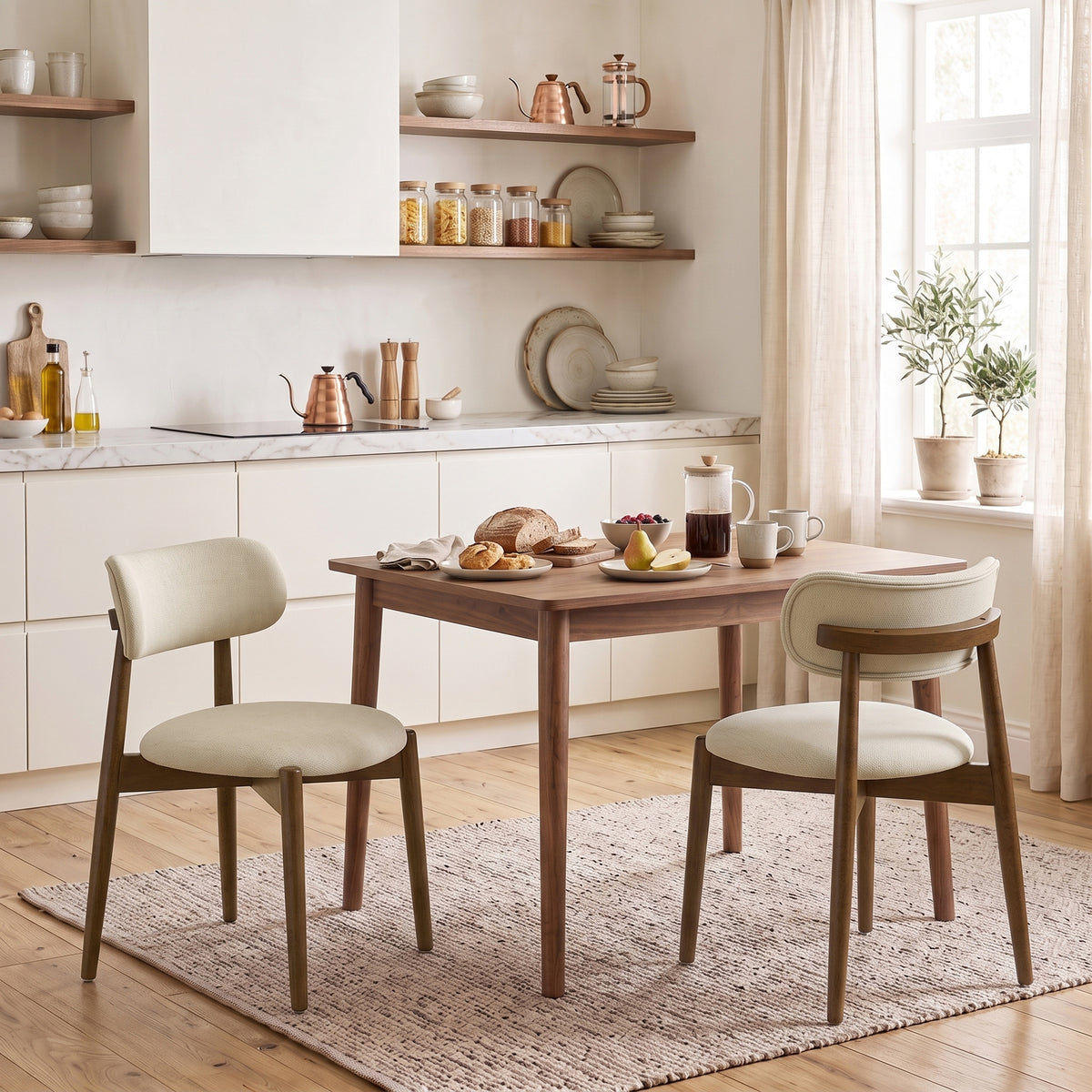 HOMCOM Dining Chairs Chenille Upholstered Kitchen Chairs Curved Backrest Rubberwood Legs Beige