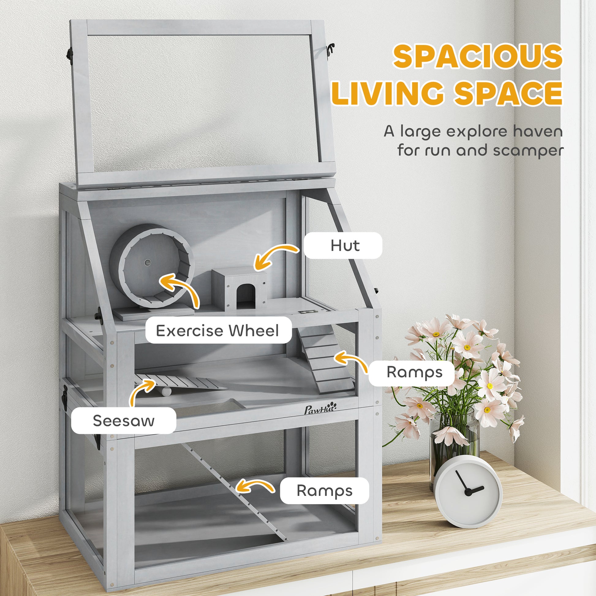 PawHut Wooden Hamster Cage with Detachable 32cm Deep Bottom, Hut, Seesaw, Exercise Wheel, Ramp, 60 x 40 x 75cm, Light Grey