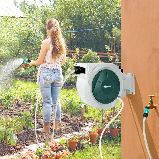 Outsunny Retractable Hose Reel Wall Mounted, 20+2m Garden Hose Pipe Reel with Lock, Auto Rewind, 7 in 1 Spray Nozzle, Includes Wall Fixings, 180Â° Swivel, Outdoor Watering, Light Grey