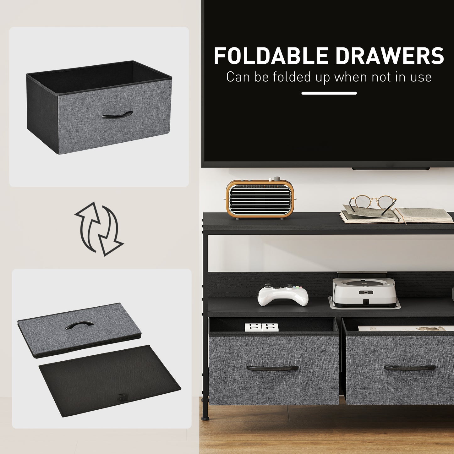 HOMCOM TV Stand Cabinet with 3 Foldable Drawers - Black