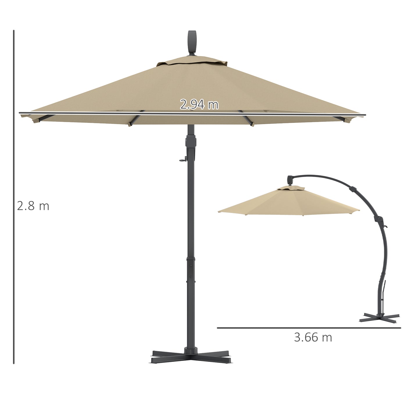 Outsunny 3(m) Garden Cantilever Parasol, Round Overhanging Umbrella with Crank Handle, Cross Base, Aluminium Frame and 360Â° Rotation, Banana Patio Umbrella for Outdoor Sun Shade, Khaki