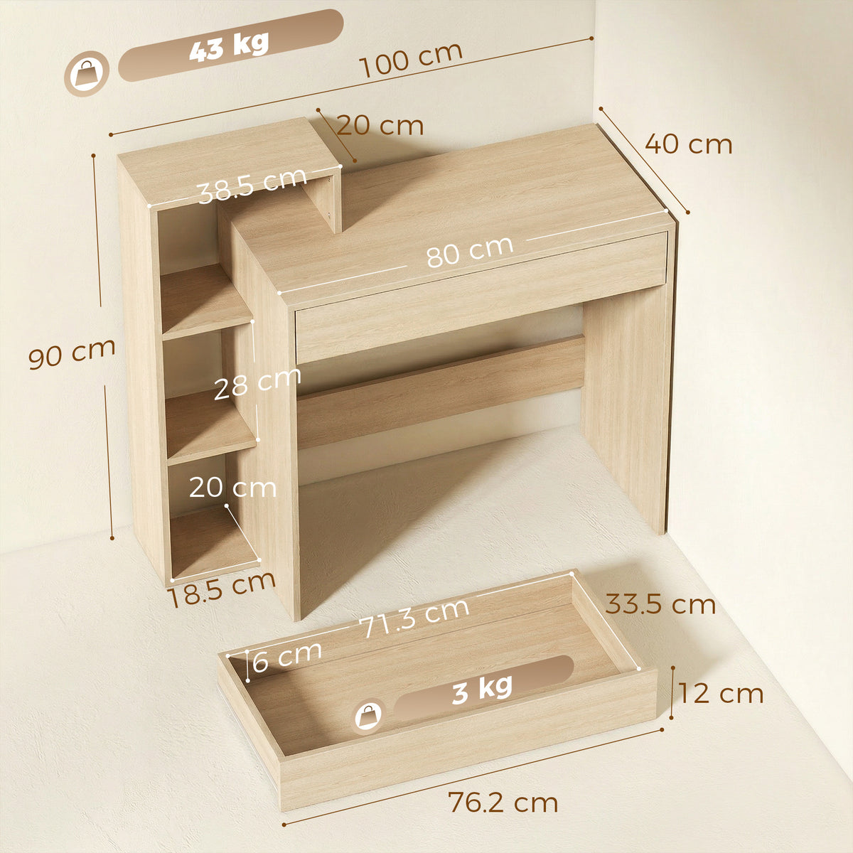 HOMCOM Desk with Storage, Computer Desk with 3 Open Shelves and Drawer, Workstation, Computer Table, Natural