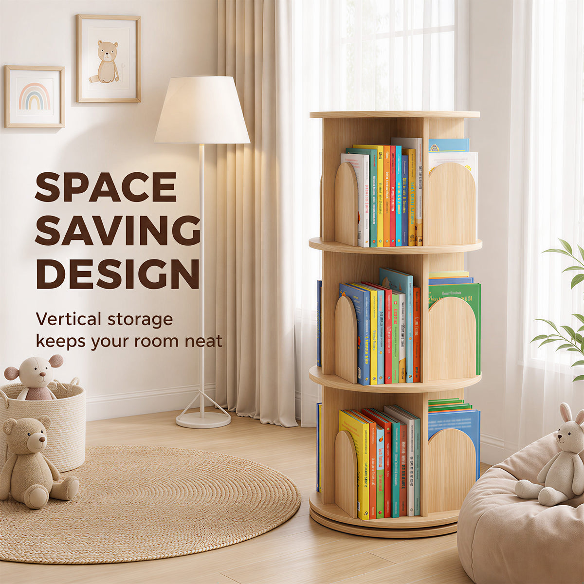 AIYAPLAY 3-Tier Rotating Bookcase, Round Kids Bookshelf Floor Standing 360Â° Rotating for Bedroom, Kids Room and Playroom, Natural