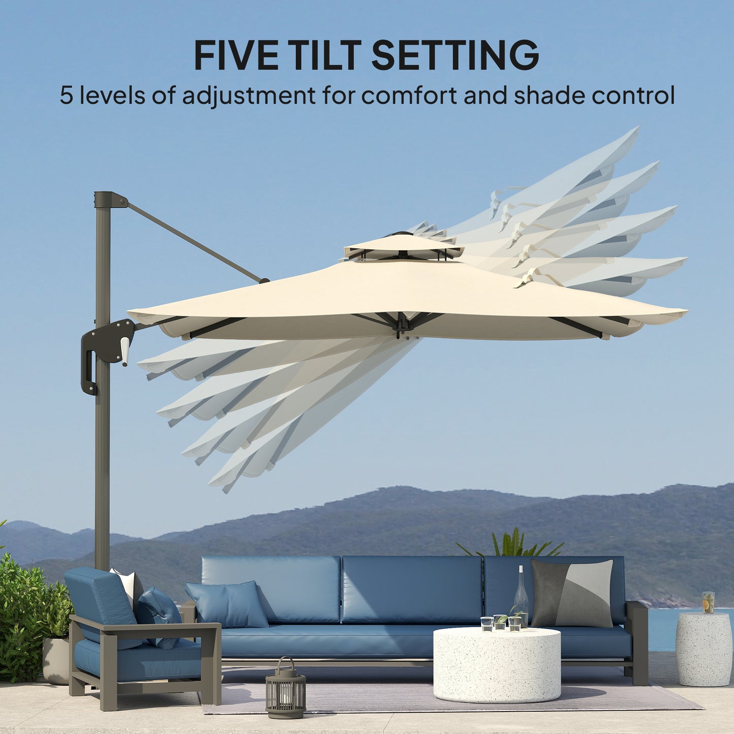Outsunny 3.7 x 2.7 m Cantilever Parasol w/360° Rotation and Easy Tilt Adjustment, Aluminium Hanging Offset Outdoor Umbrella w/Double Top, Cross Base, UPF50+ Hanging Sun Shade, Grey Wood Effect Pole