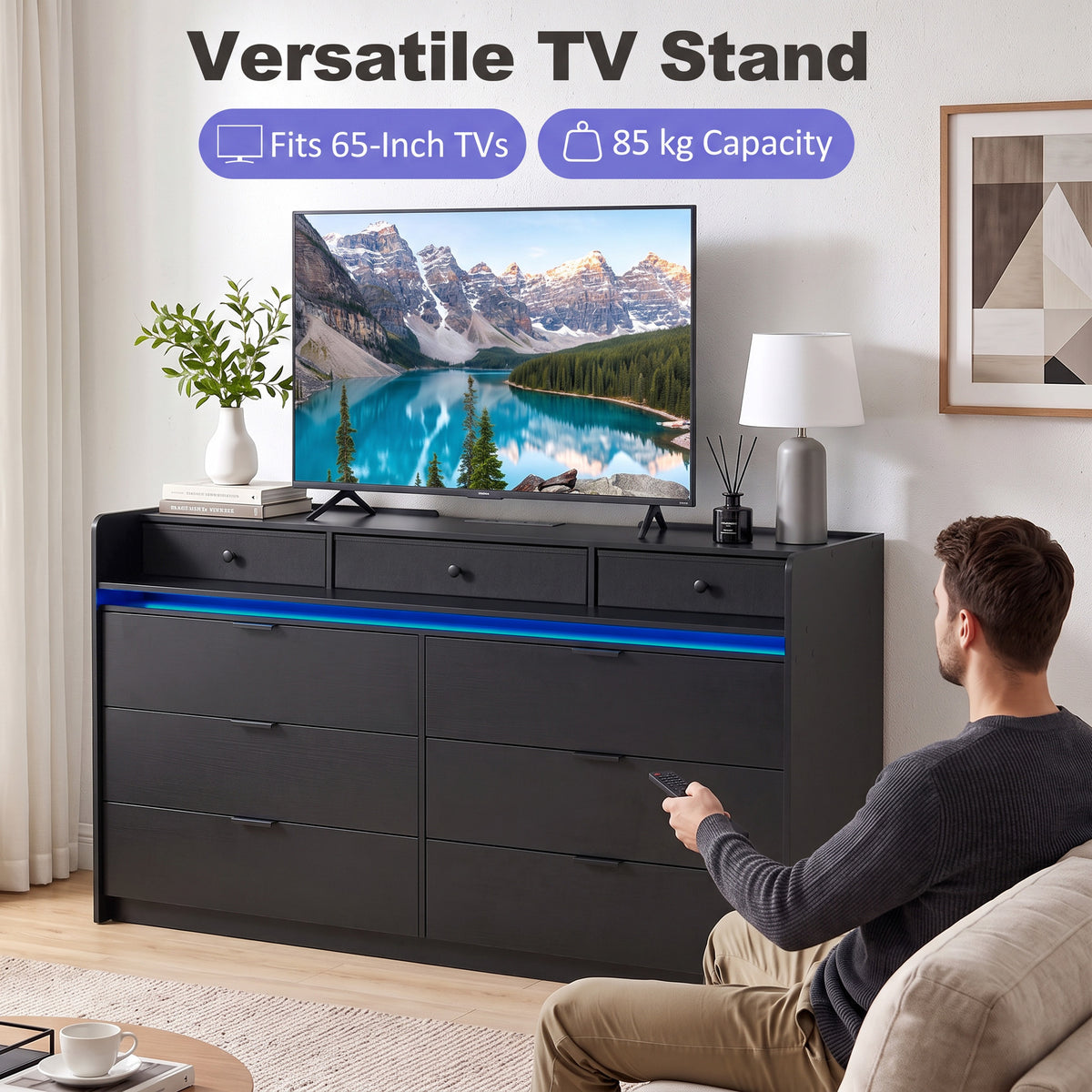 HOMCOM Chest of Drawers for Bedroom with LED Light & Charging Station, 9 Drawers Storage Unit/TV Stand, Black
