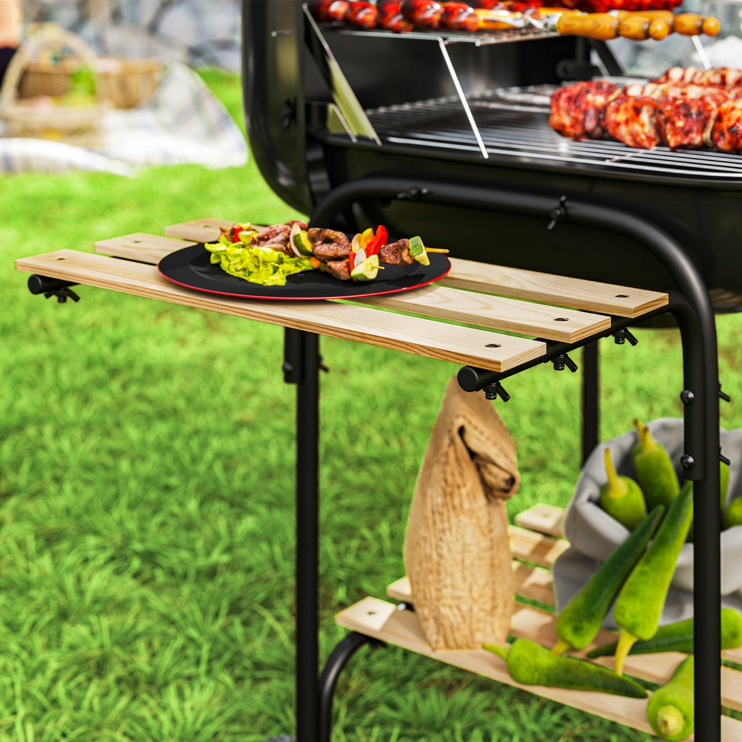 Outsunny Charcoal Barbecue Grill Portable BBQ Grill with 1840 cmÂ² Cooking Area, 3 Shelves, Adjustable Vent, Lockable Lid, Wheels for Outdoor Cooking, Garden Party, Black