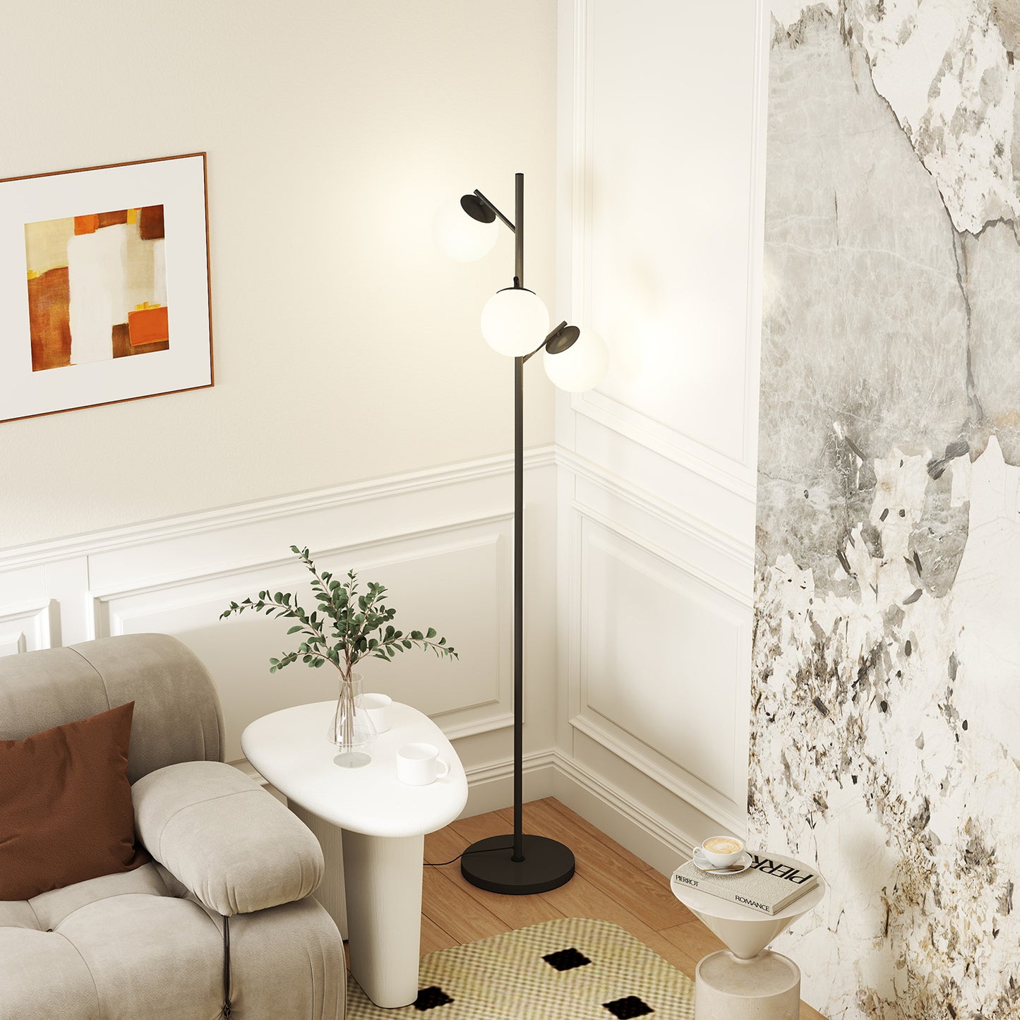HOMCOM 3-Light Tree Floor Lamps for Living Room, Modern Standing Lamp for Bedroom with Globe Lampshade, Steel Base, Bulb not Included, Black