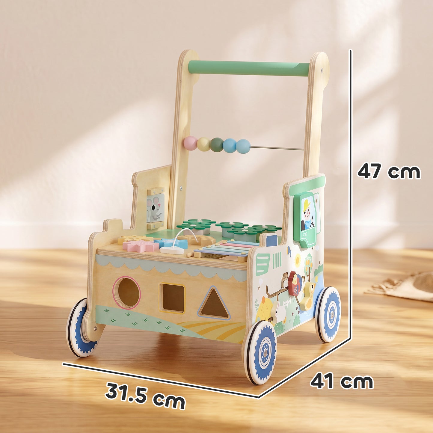 AIYAPLAY Wooden Baby Walker for 1-3 Year, Montessori Inspired Push Along Walker Toys, Multifunctional Activity Centre