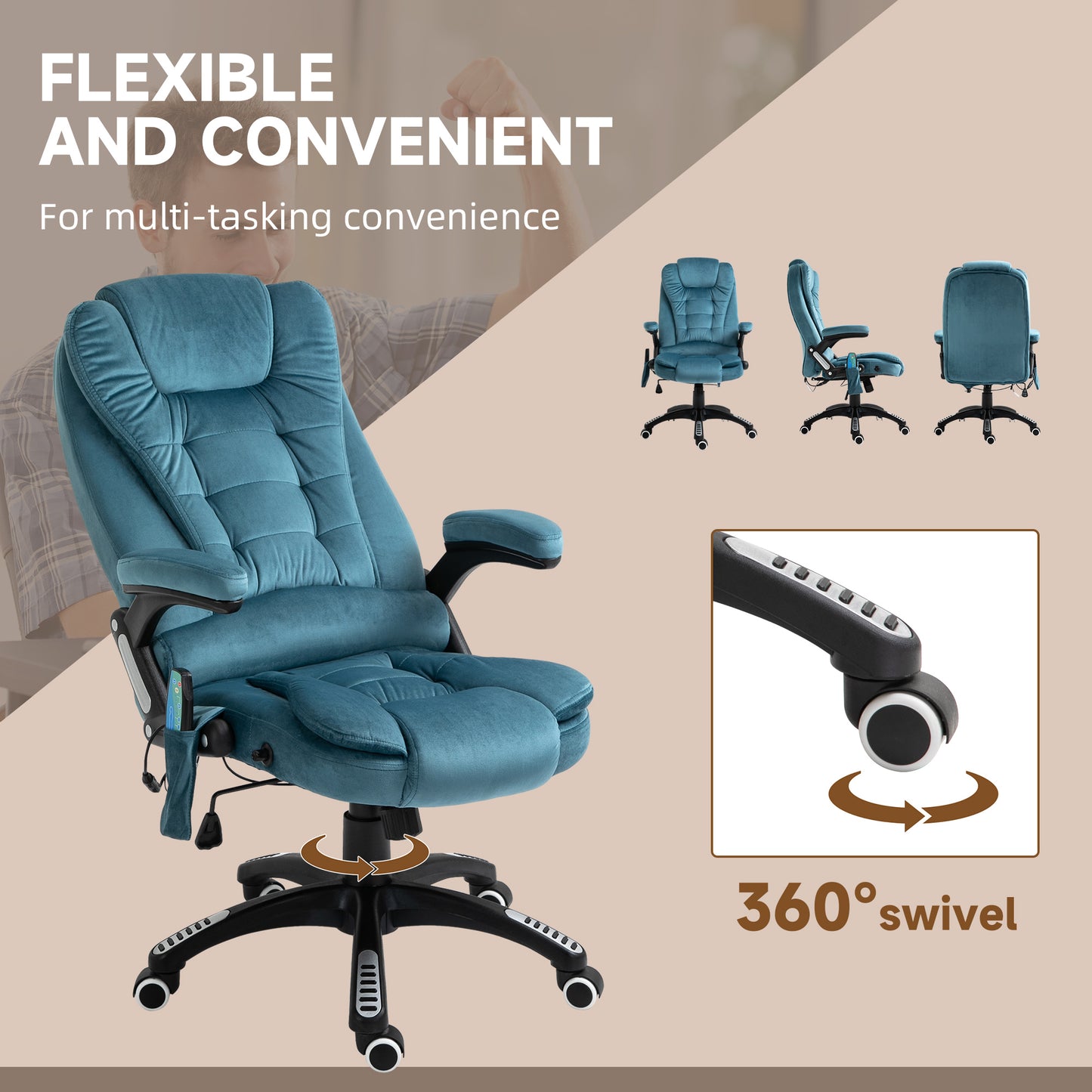 Vinsetto Massage Recliner Chair Heated Office Chair with Six Massage Points Velvet-Feel Fabric 360Â° Swivel Wheels Blue