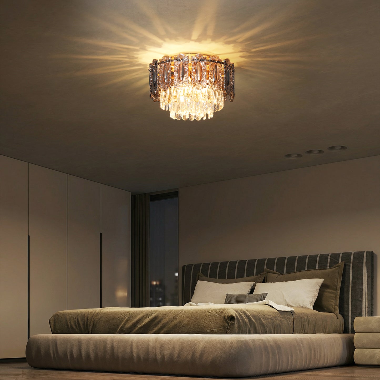 HOMCOM Chandelier Ceiling Light, 3-Light Vintage Flush Mount Fixture with Dual Crystal and Smoke Glass Shade, LED Ceiling Light for Living Room Bedroom, 3 E14 Sockets, Bulbs Not Included, Gold Tone