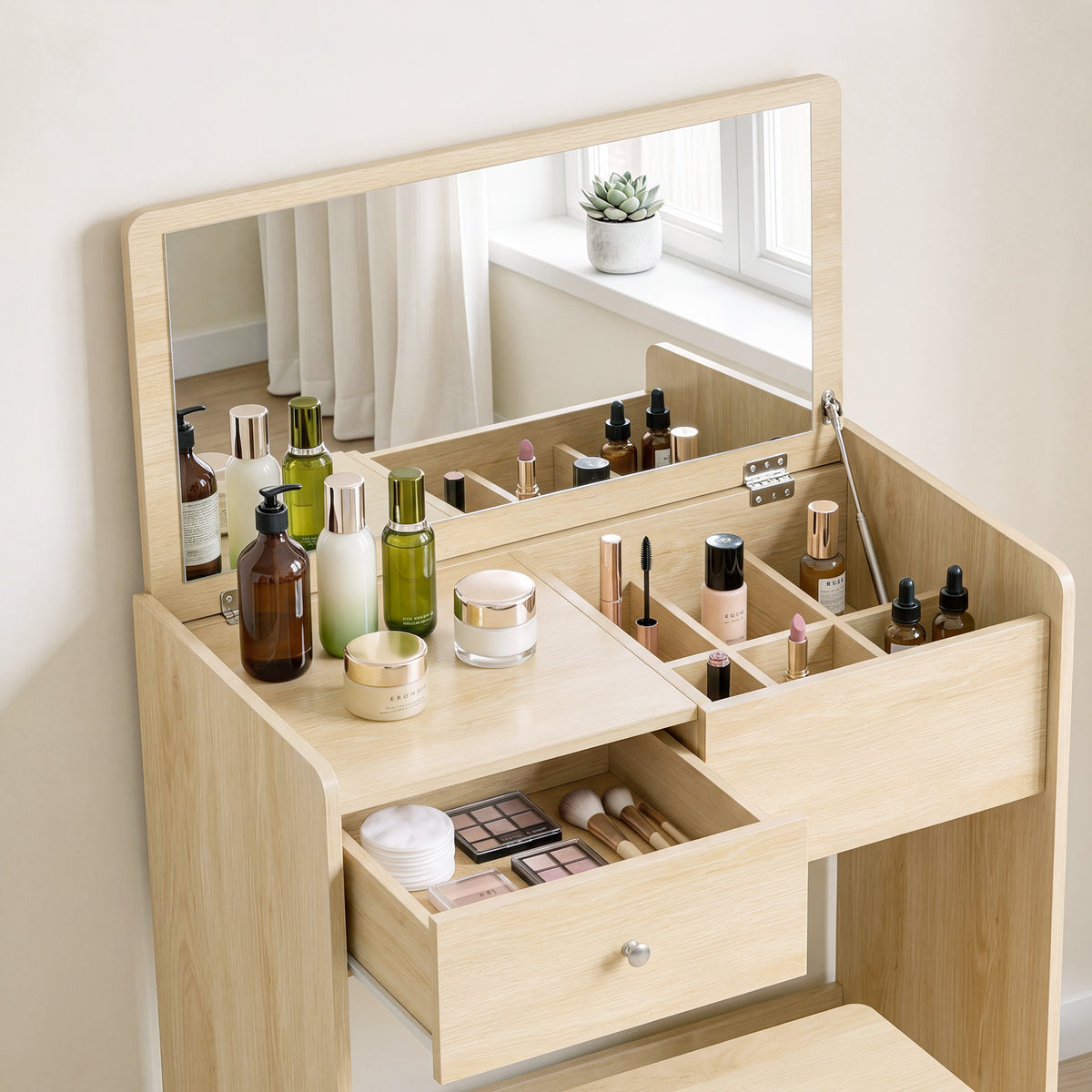 HOMCOM Vanity Desk with Mirror Dressing Table Drawer Set 6 Compartments Storage Stool White and Oak