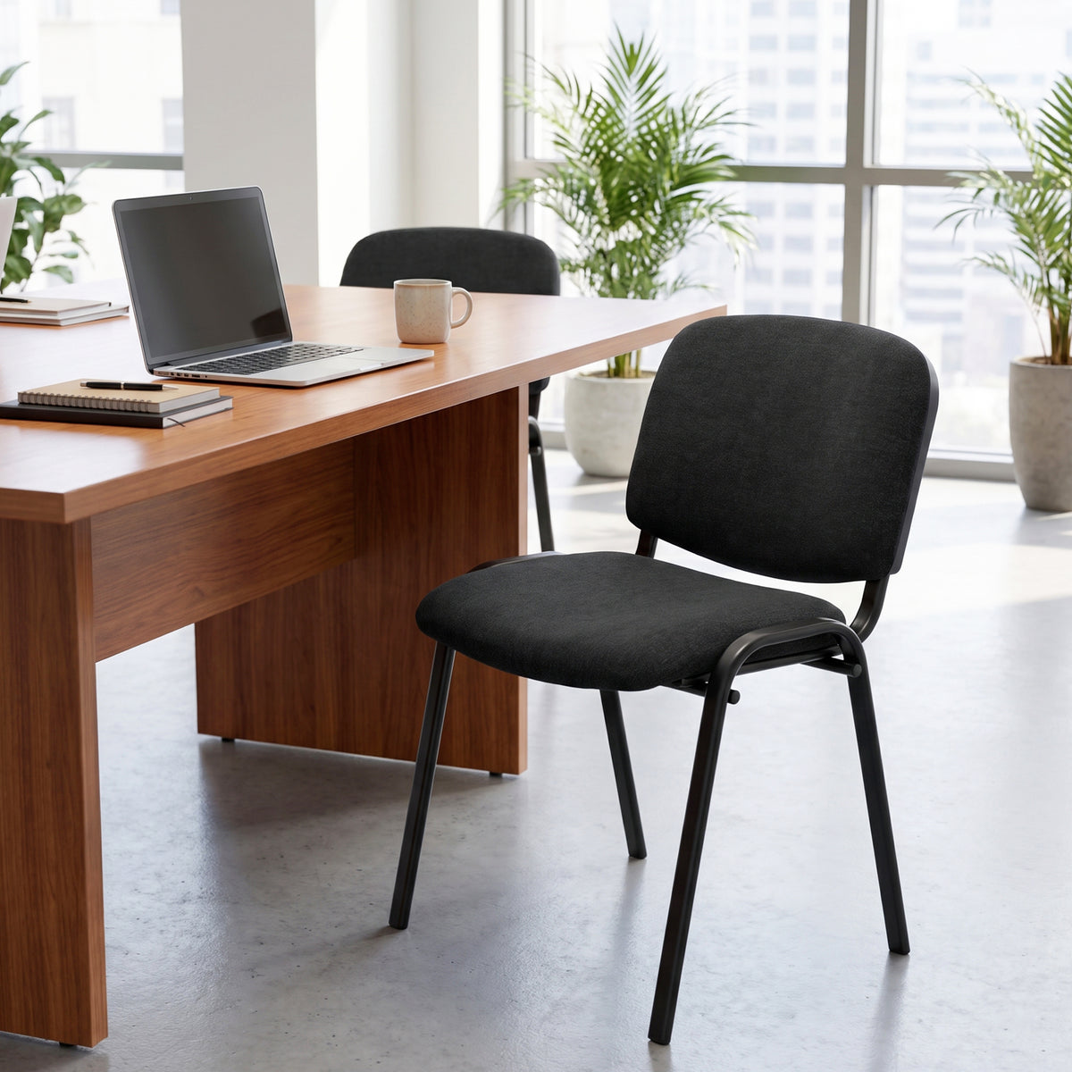 HOMCOM Linen-Look Fabric Reception Chairs, Stackable Meeting Chairs Set of 4 with Backrest, Padded Seat for Office, Black