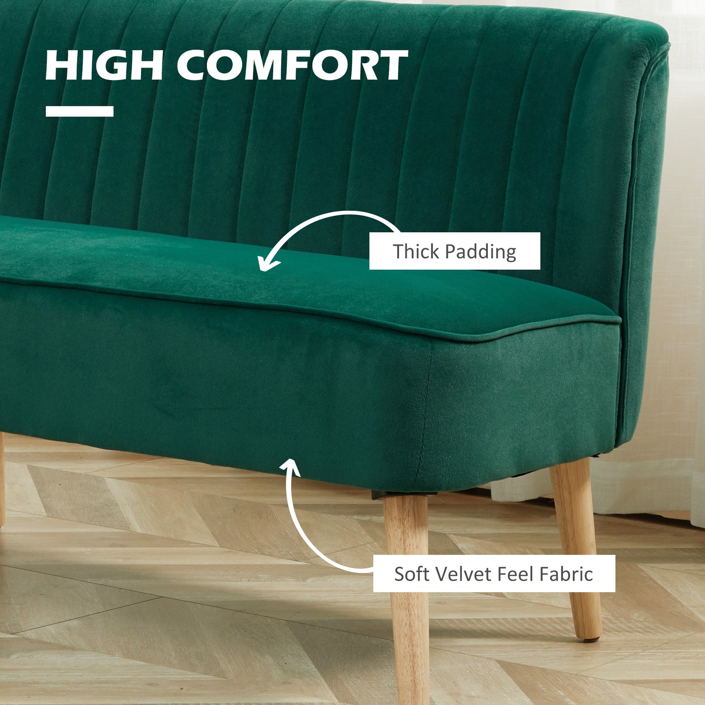 HOMCOM Modern Velvet Double Seat Sofa w/ Wood Frame Foam Padding High Back Soft Comfortable Compact Couch Green
