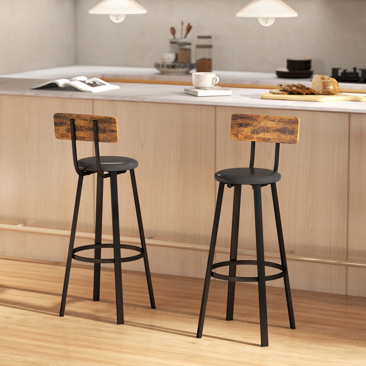 HOMCOM Upholstered Bar Stools Set of 2 with Backrest and Footrest - Rustic Brown and Black