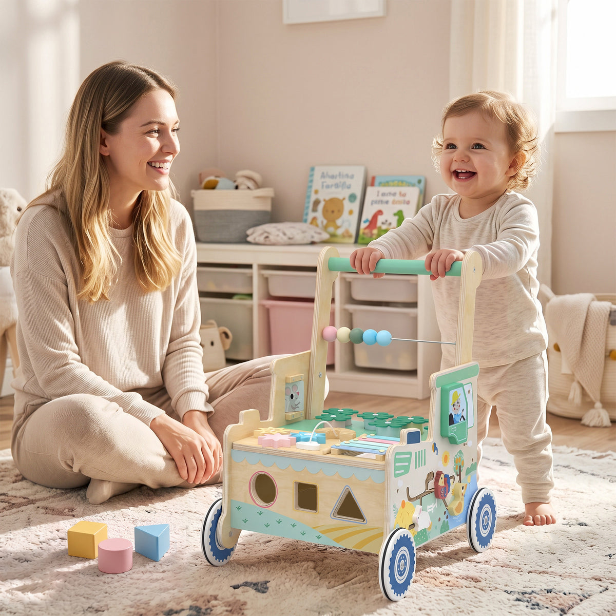 AIYAPLAY Wooden Baby Walker for 1-3 Year, Montessori Inspired Push Along Walker Toys, Multifunctional Activity Centre