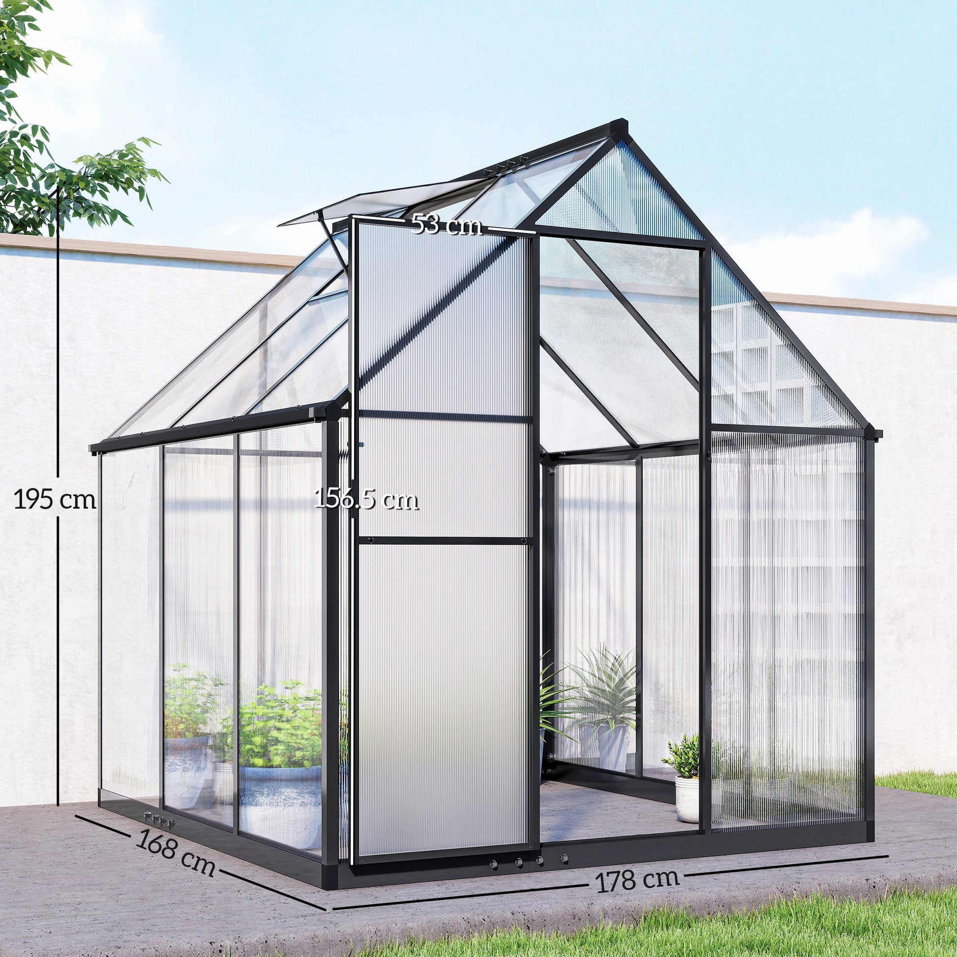 Outsunny Polycarbonate Greenhouse with Swing Door and Adjustable Window, Walk-in Greenhouse with Rain Gutter, 5.5 x 6ft, Black