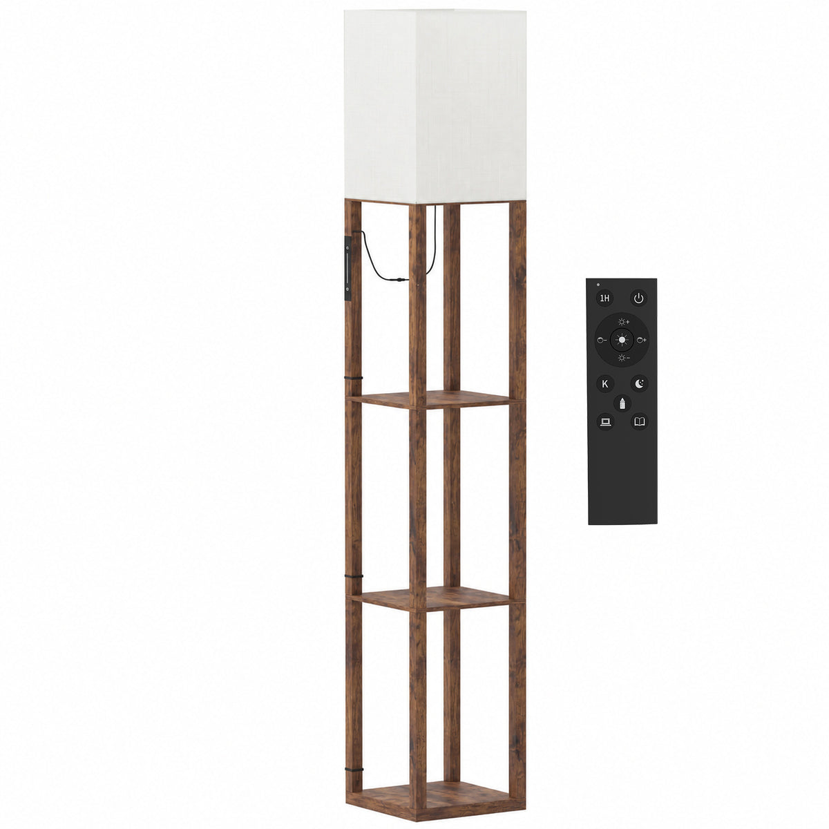 HOMCOM Floor Lamp with Shelves, Modern Dimmable Standing Lamp with Fabric Shade, Adjustable Colour Temperature, Rustic Brown Default Title