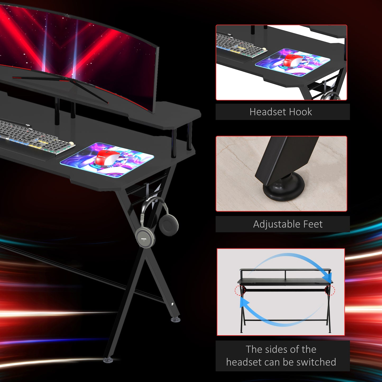 HOMCOM Gaming Desk Writing Racing Computer Table Workstation with Headphone Hook Curved Front Adjustable Feet for Home Office Use 140 x 60cm
