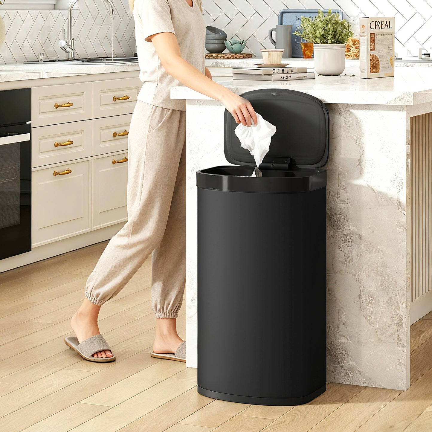 HOMCOM 55L Sensor Bin with Soft-Close Lid, Automatic Touchless Motion Sensor Kitchen Bin with Fingerprint Resistant Stainless Steel for Hygienic Gyms, Home Office Use, Black