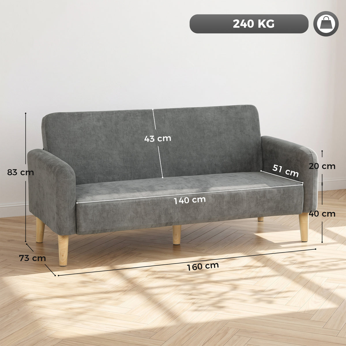 HOMCOM 2 Seater Sofa, Velvet Small Couch with 20cm Thick Padding, Wide and Deep Seat, Grey