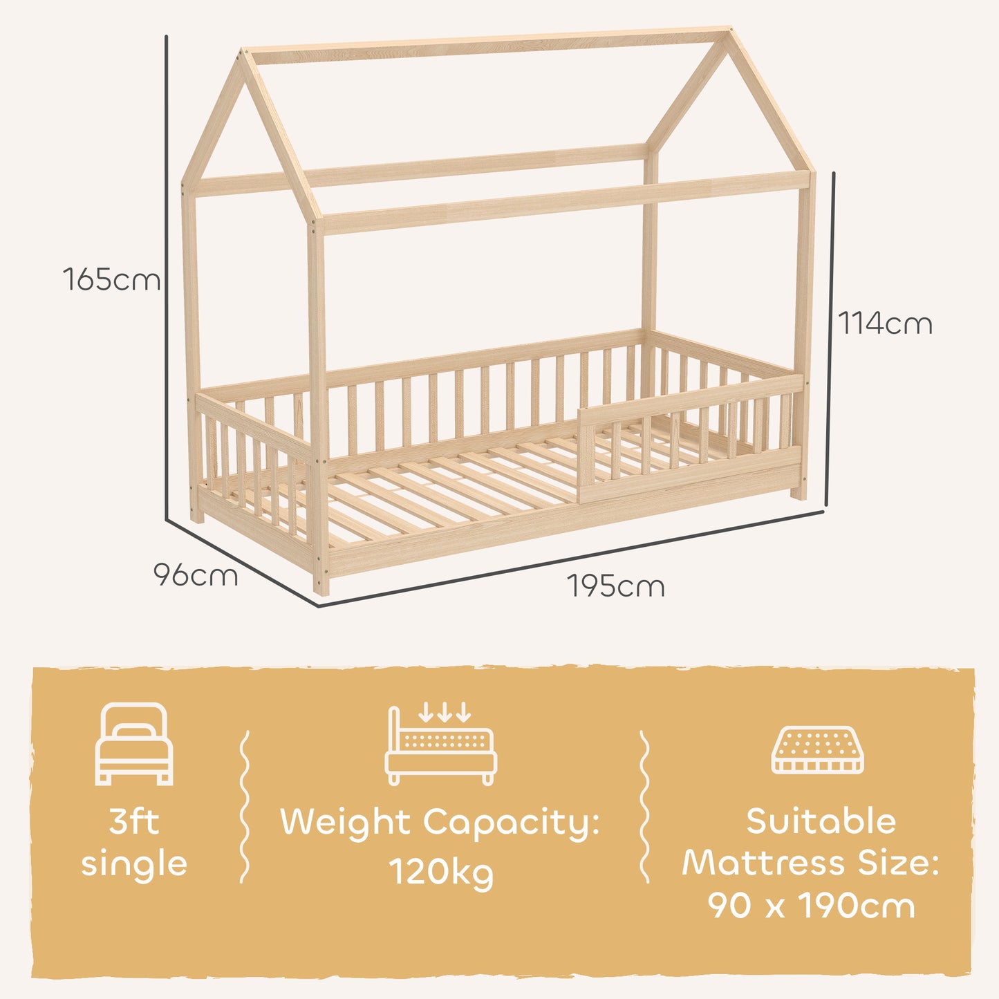HOMCOM House-Shaped Kids Bed Frame with Guard Rails, Solid Pine Wood Single Bed Frame for Kids Boys and Girls, Natural