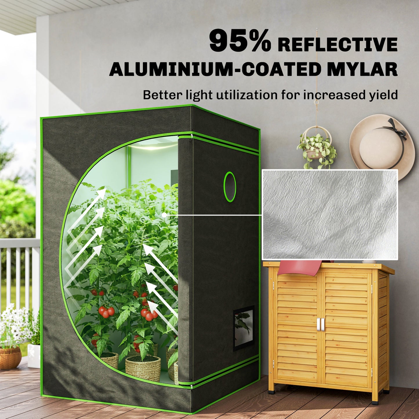 Outsunny Grow Tent 120 x 120 x 200 cm, Reflective Mylar Hydroponic Growing Tent with 600D Oxford Fabric, Observation Window, Vent, Zipper Door for Indoor Plant Growing, Black