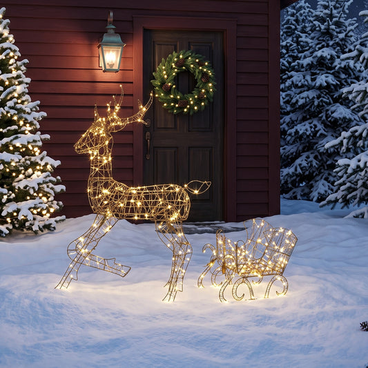 Outsunny Lighted Reindeer and Sleigh Set, 2-Piece PP Rattan Outdoor Christmas Decoration with LEDs, 8 Modes, Daily Timer