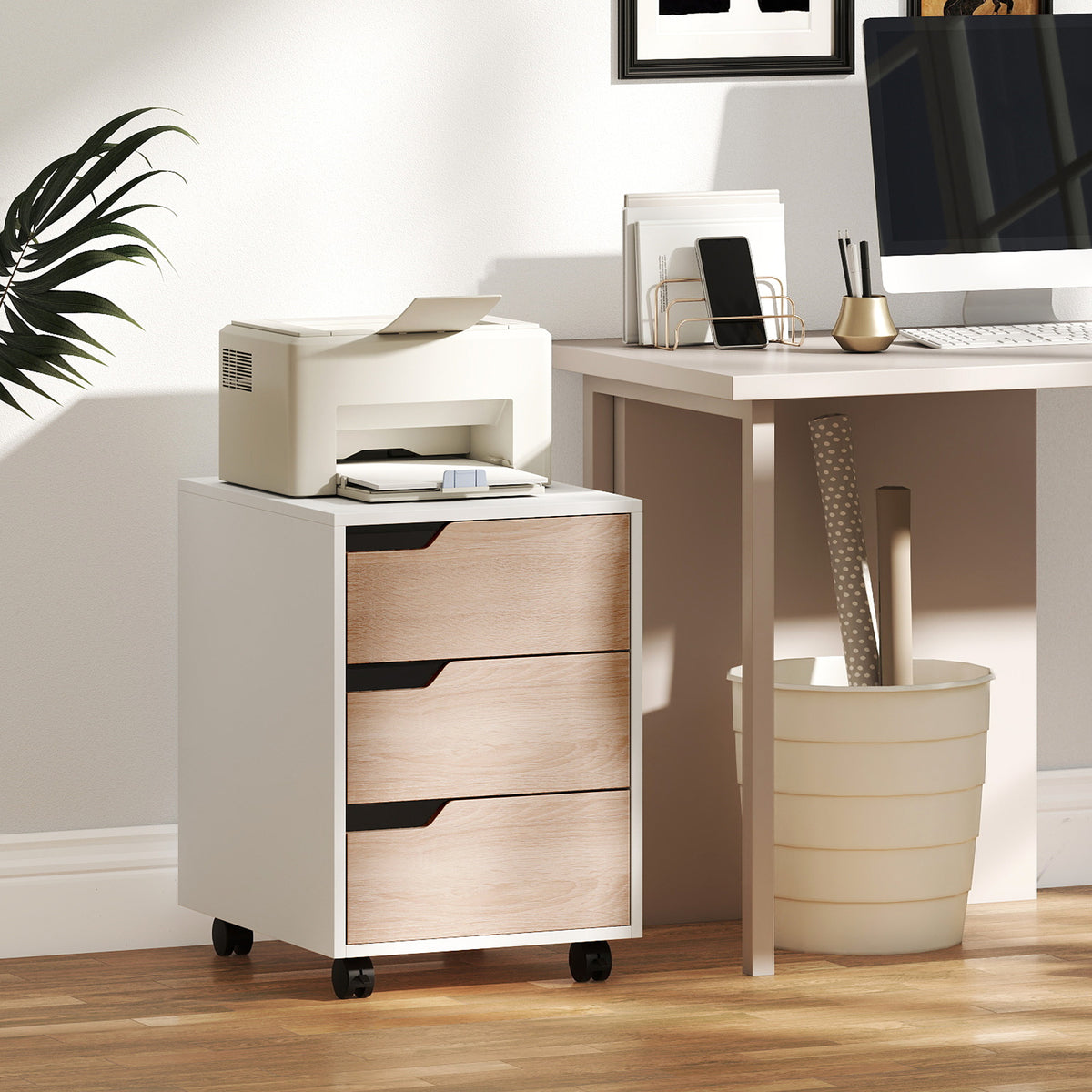 HOMCOM 3 Drawer Mobile File Cabinet, Vertical Filing Cabinet with Wheels for Home Office, Oak