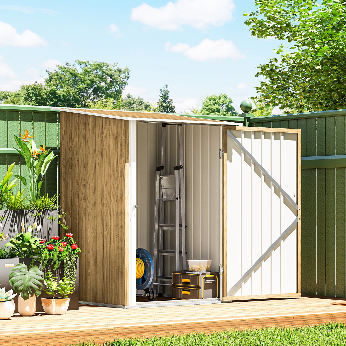 Outsunny 3.3 x 3.4ft Lean To Steel Garden Shed with Locking Door - Light Brown Wood Effect/White