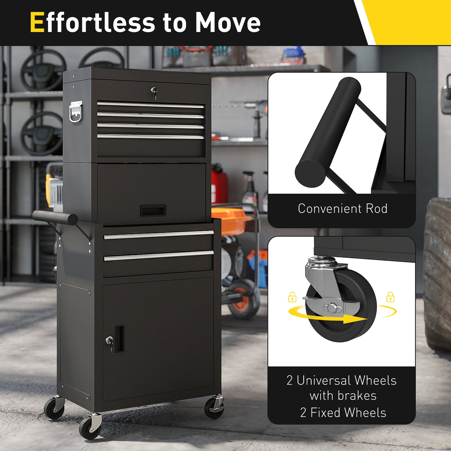 HOMCOM Three-Part Steel Locking Tool Chest - Black