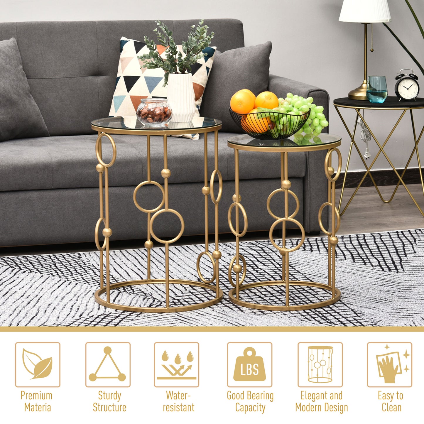 HOMCOM Nesting Round Coffee Table Set of 2 - Gold Tone
