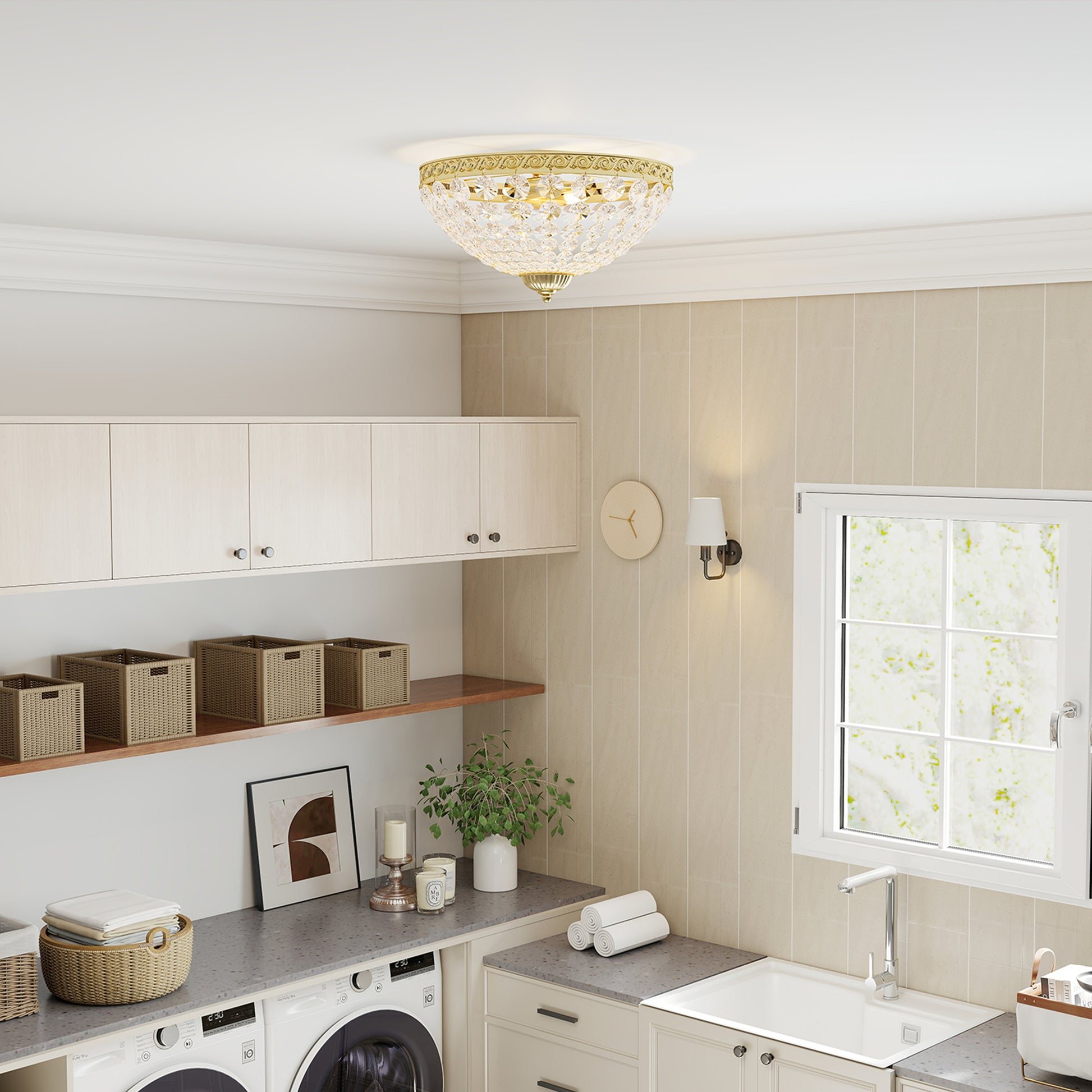 HOMCOM Crystal Chandelier Ceiling Light with 168 Octagonal Beads, Vintage 2-Light Flush Mount Ceiling Light for Living Room, Bedroom, Hallway, Dining Room, Gold Tone