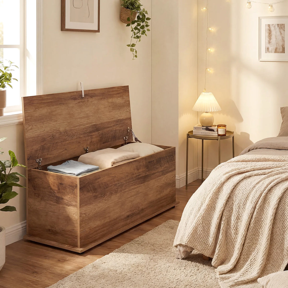 HOMCOM Storage Chest, Large 113L Blanket Box, Shoe Bench with Safety Hinged Lid, Storage Trunk, Bed End Bench for Bedroom, Hallway, Living room, Playroom, 100 x 40 x 40cm, Brown Wood Grain